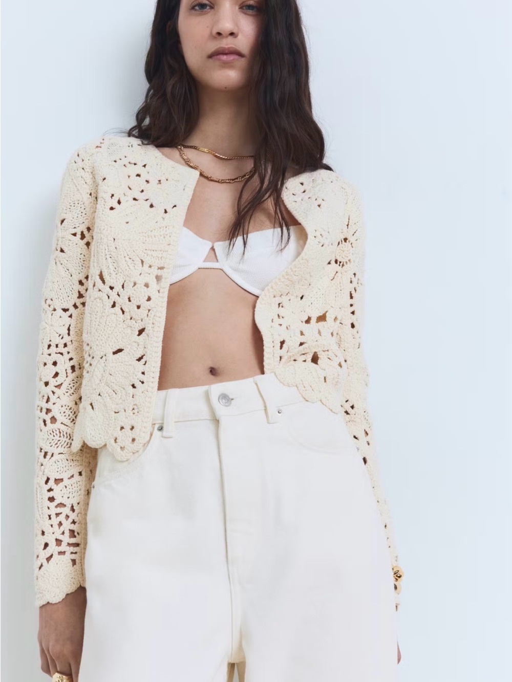 Mango Cream Crochet Openwork Cardigan